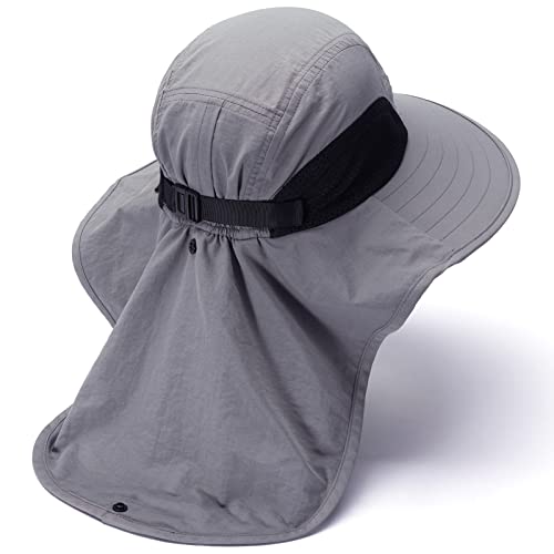 BASSDASH UPF 50+ Unisex Water Resistant Wide Brim Sun Hat with Large Neck Flap Ponytail Fishing Hat for Men Women - color: Light Grey
