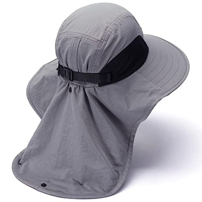 BASSDASH UPF 50+ Unisex Water Resistant Wide Brim Sun Hat with Large Neck Flap Ponytail Fishing Hat for Men Women - color: Light Grey