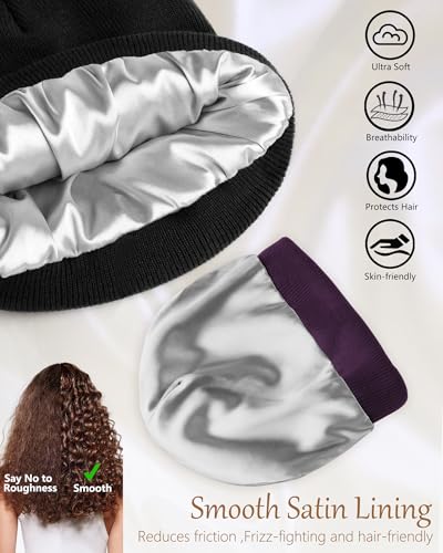 Satin Lined Beanie for Women Men, Cotton Knit Winter Beanies Hat - color: Purple