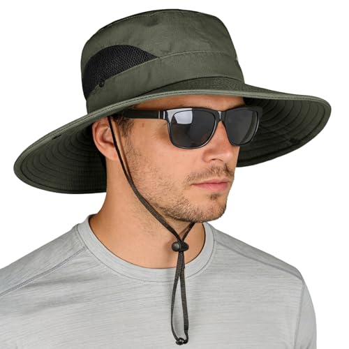 ZOORON Sun Hats for Men Women, Wide Brim Safari Hats UV Protection UPF50+ Waterproof Boonie Hats for Fishing Hiking Camping - color: 2pack-black+army Green