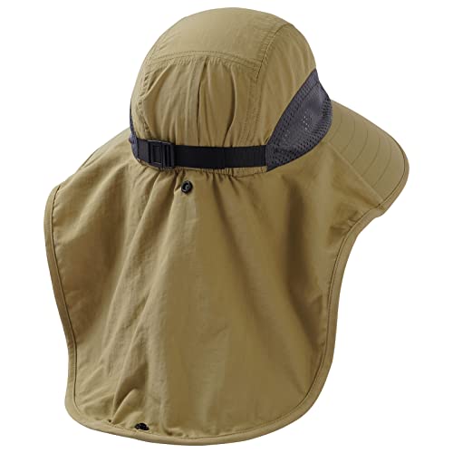 BASSDASH UPF 50+ Unisex Water Resistant Wide Brim Sun Hat with Large Neck Flap Ponytail Fishing Hat for Men Women - color: Dark Khaki