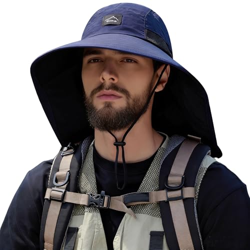 HUAMULAN Women Wide Brim Summer Sun Hat Ponytail Hole with Neck Flap - color: Navy With Black Mesh
