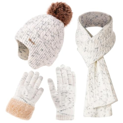 Winter Hat Scarf Gloves Set for Women, Classic Cable Beanie with Removable Pom Pom Long Scarf Touchscreen Gloves 3 in 1 Set - color: White Mix