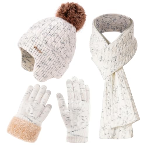 Winter Hat Scarf Gloves Set for Women, Classic Cable Beanie with Removable Pom Pom Long Scarf Touchscreen Gloves 3 in 1 Set - color: White Mix