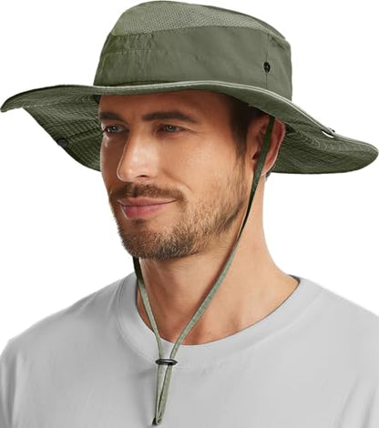Wide Brim Sun Hat for Men Women, UPF 50+ Waterproof Packable Bucket Boonie Safari Fishing Hat - color: Green