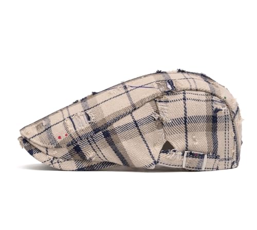 Quanhaigou Unisex Denim Newsboy Hats Flat Ivy Gatsby Cabbie Driving Berets Hat Cotton Dad Cap for Men Women - color: Plaid Distressed Beige