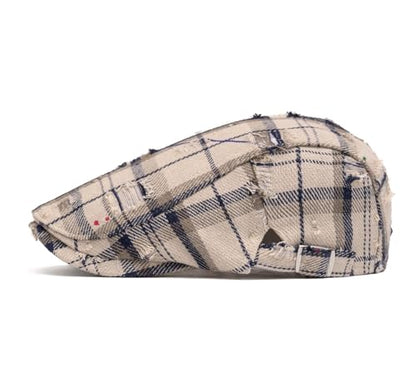 Quanhaigou Unisex Denim Newsboy Hats Flat Ivy Gatsby Cabbie Driving Berets Hat Cotton Dad Cap for Men Women - color: Plaid Distressed Black