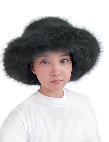 Lina & Lily Oversized Winter Faux Fur Bucket Hat for Women - Long Pile Fur Wide Moldable Brim - color: Dark Green