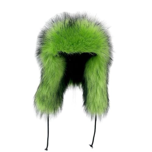 Y2K Faux Fur Russian Hat, Soft, Warm Winter Trapper Hat with Earmuffs for Men and Women - color: Bright Green