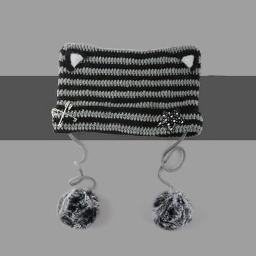 Women Kawaii Cat Ear Beanie Hat with Star Pom Poms Y2K Cute Crochet Goth Grunge Emo Alt Accessories Knit Slouchy Hat - color: Black Grey