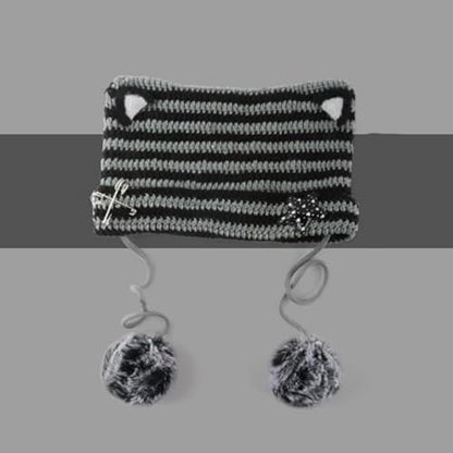 Women Kawaii Cat Ear Beanie Hat with Star Pom Poms Y2K Cute Crochet Goth Grunge Emo Alt Accessories Knit Slouchy Hat - color: Black Grey