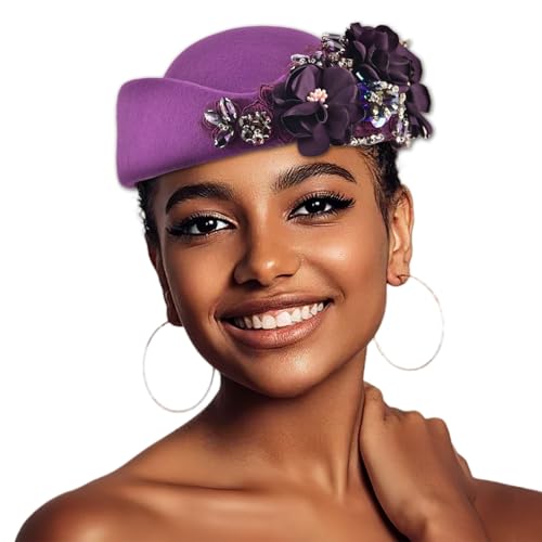 Women's Retro Stewardess Felt Hat, British Berets, Rhinestone Flower Decor, Ladies' Church Derby Hat - color: Purple