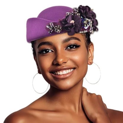 Women's Retro Stewardess Felt Hat, British Berets, Rhinestone Flower Decor, Ladies' Church Derby Hat - color: Purple