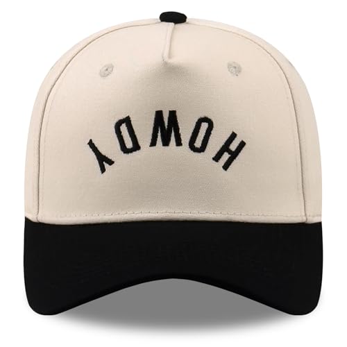Funny Embroidered Trucker Hat, Vintage Two-Tone Cotton Baseball Cap for Men Women, Adjustable Dad Hat Gift Idea - color: Howdy (Upside Down), Black/Beige