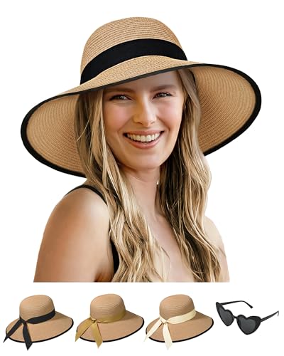Sun Straw Hats for Women, Wide Brim Summer Beach Hat - color: Khaki Black, size: Large