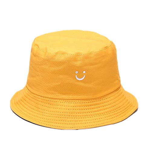Unisex Cotton Packable Bucket Hat Sun Hat Beach Cap for Men Women - color: Smile Face Beige/Yellow