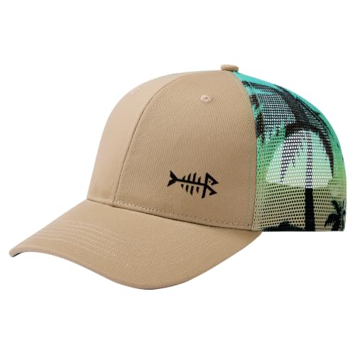 BASSDASH Printed Mesh Trucker Hat for Men Women Adjustable Baseball Cap Fishing Camping Outdoors Sporting Hat with Snap FH20 - color: Khaki/Palm Trees, style: Big Head