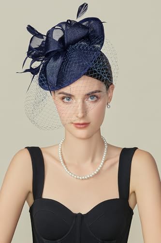 BABEYOND Fascinators Hats for Women Pillbox Kentucky Hat with Feather Veil - color: Navy Blue