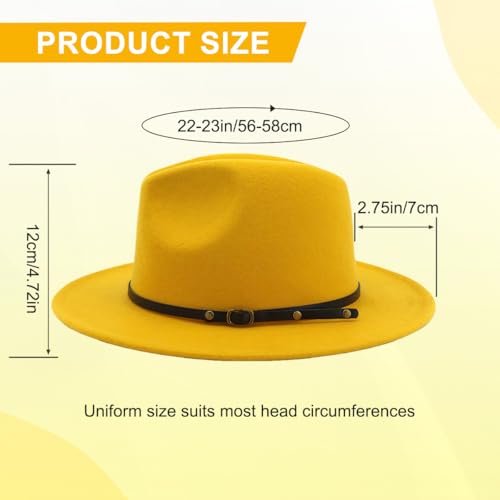 Fedora Hat with Belt Buckle Unisex Classic Felt Wide Brim Panama Hats Adjustable Church Jazz Cap for Women Men - color: Yellow