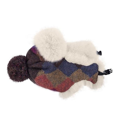 Women's Colorful Knit Trapper Hat with Faux Fur Ear Flaps & Pom Pom,Warm Winter Beanie Hat, Windproof Snow Skull Caps - color: Colorful-purple