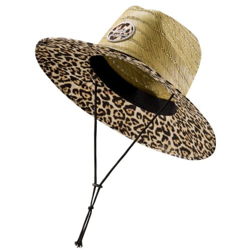 BASSDASH UPF 50+ Wide Brim Lifeguard Straw Hat for Beach Fishing Outdoor - color: Leopard
