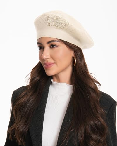 Flower Embroidery Beret Hat for Women, French Style Knitted Beret Hats, Stylish Solid Color Beret Cap for Women Girls Lady - color: Beige 2 Flowers