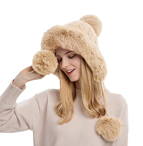 Winter Beanie Hats for Women with Ear Flaps Faux Fur Crochet Skull Cap Warm Outdoor Ski Snow Hats Pompoms - color: Beige