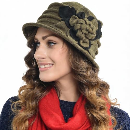 Vintage Women Floral Wool Dress Cloche Winter Hat 1920s - color: C020-d-green