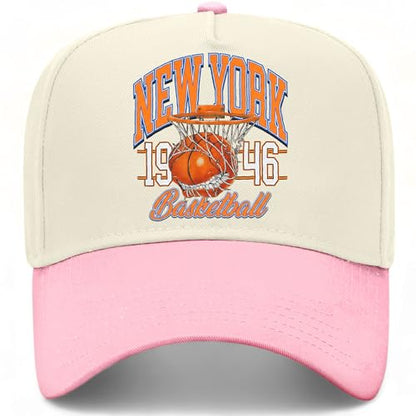New York Hoops Bite Hat | Premium Adjustable Snapback Baseball Trucker Hats for Men & Women - color: Pink/Natural