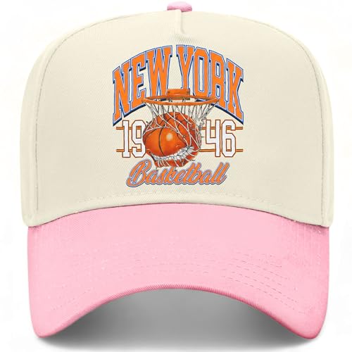 New York Hoops Bite Hat | Premium Adjustable Snapback Baseball Trucker Hats for Men & Women - color: Pink/Natural