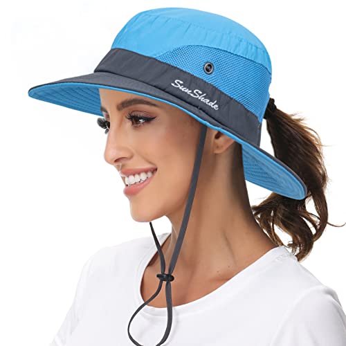 Sun Hat for Women Summer UV Protection Beach Hat with Ponytail Hole - color: Blue(with Ponytail Hole)