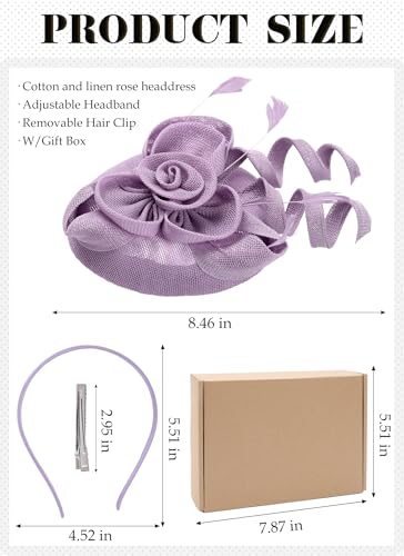 Zinniday 2026 Victoria Derby Fascinator - Kentucky Church Hats 1920s 50s Vintage Tea Party Hat with Hair Clip for Women - color: Light Purple