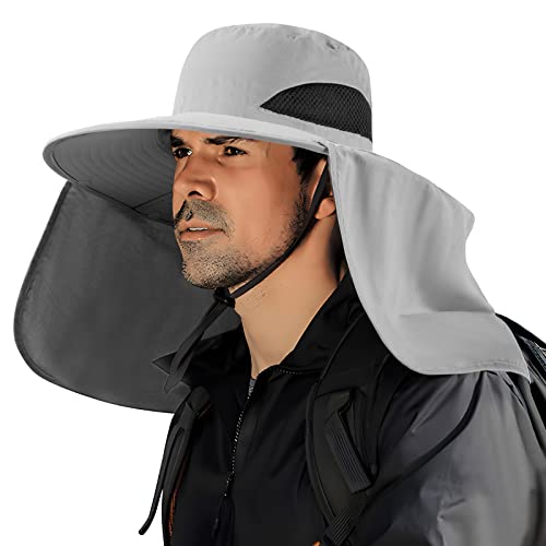 DOCVIT Fishing Hat for Men&Women,Outdoor UV Waterproof Wide Brim Bucket Hat,UPF50+ Sun Hat with Neck Flap - color: Light Grey
