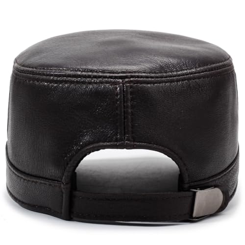 Men's Genuine Leather Cadet Army Caps Military Style Hat Flat Top Cap - color: Brown
