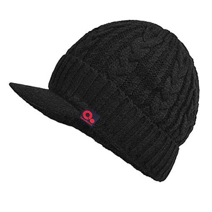 Winter Visor Beanie Brimmed Baseball Cap Fleece Lined Cable Knitted Billed Hat - color: Black