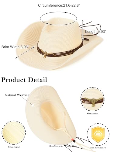 Straw Cowboy Sun Hat Western Cowgirl Women Men with Windproof Chin Strap - color: 베이지.