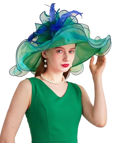 ORIDOOR Women Hats Headband Hairpin Organza Fascinator Church Hat Floral Tea Party Wedding Hat - color: 006 Green and Blue