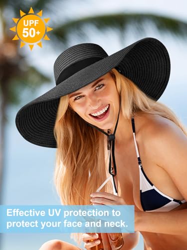 Floppy Sun Hats for Women, Summer Wide Brim Straw Beach Hat - color: Black, size: X-Large