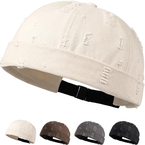Mens Docker Hat Brimless Dome Hats Sailor Hat Vintage Beanie Cap - color: Beige