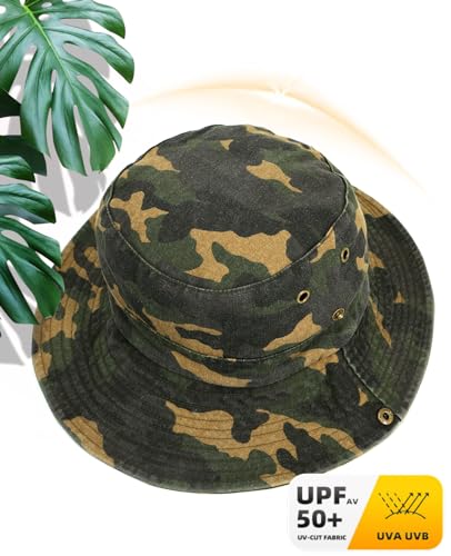 Camo Bucket Hat for Men Women, UPF 50+ Wide Brim Sun Protection - color: Green