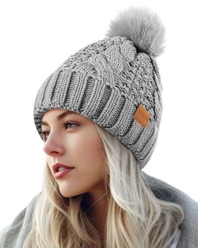 Women's Winter Pompom Beanie Warm and Cozy Knit Hat Fleece Lining Skull Cap for Women - color: Grey