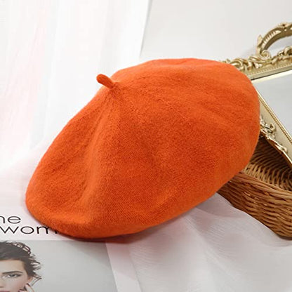 Women French Wool Beret Hats - Solid Color Classic Beanie Winter Cap - color: Orange