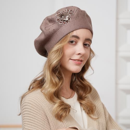 Flower Embroidery Beret Hat for Women, French Style Knitted Beret Hats, Stylish Solid Color Beret Cap for Women Girls Lady - color: Black
