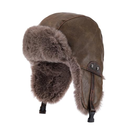 Faux Fur Trapper Hat Womens Winter Hats with Ear Flaps Leather Ushanka Russian Hat for Men Cossack Hunter Ski Caps - color: Mg-lfm25119-green