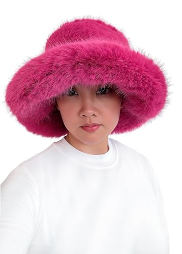 Lina & Lily Oversized Winter Faux Fur Bucket Hat for Women - Long Pile Fur Wide Moldable Brim - color: Dark Pink