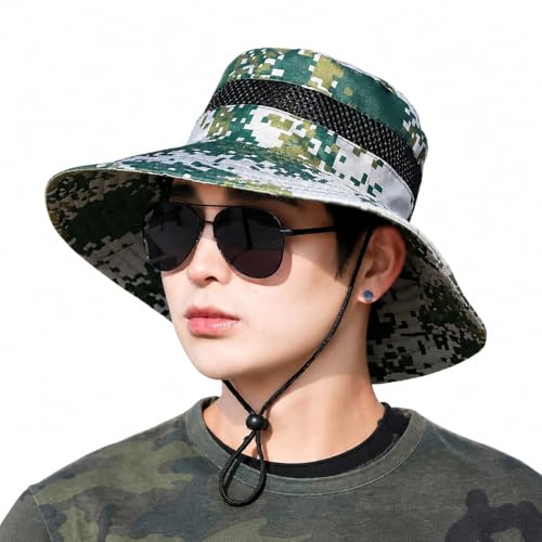 Camo Bucket Sun Hat with Mesh Band and Chin Strap, Wide Brim Boonie Hat for Outdoor Activities - color: Green & White Digital Camo