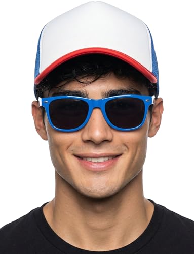 Funky Junque Blank Mesh Foam Lightweight Snapback Trucker Hat - color: Hat (Red/White/Blue) & Sunglasses (Royal Blue)