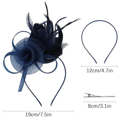 AMCAMI Fascinators Hats with Feather for Women 2026 Derby Hats Small Tea Party Hat with Headband - color: Navy Blue