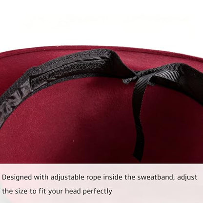 Felt Wide Brim Fedora Hats for Women Men, with Band Belt Buckle, Adjustable - color: 006 Wine Red