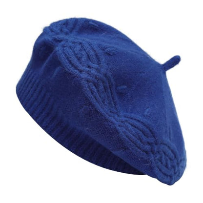 ZLYC Women French Beret Hat Reversible Solid Color Knit Warm Artist Cap - color: Cable Knit Royal Blue